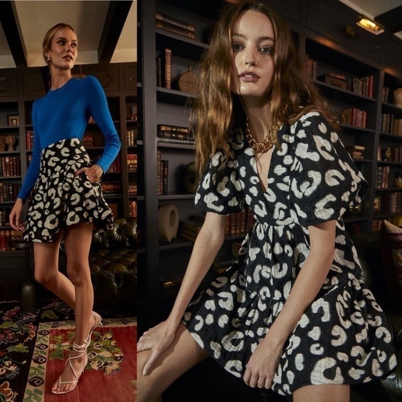 Hunter Bell Skirt London Flounce Flared Jacquard Mini Onyx Cheetah 12 NWT - Picture 1 of 8